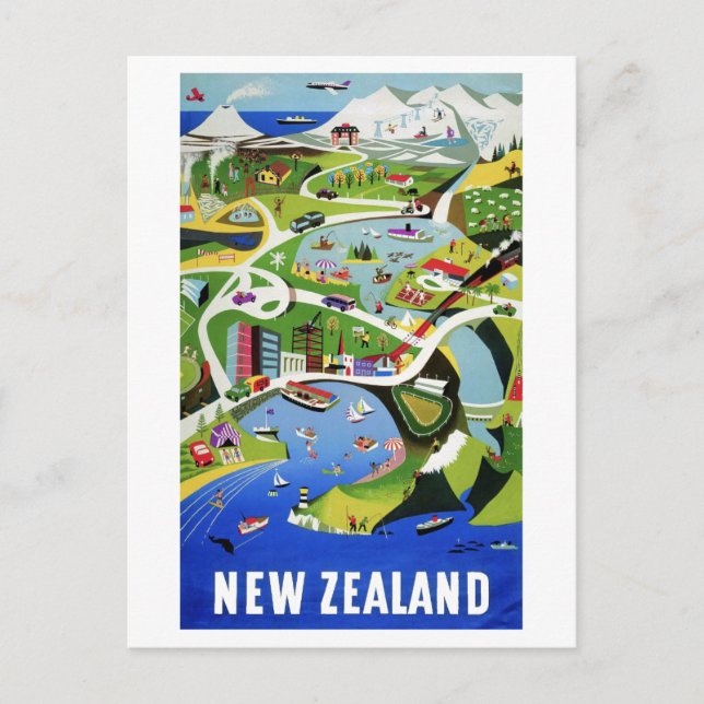 Niedliche Vintage Reise nach Neuseeland Postkarte (Vorderseite)
