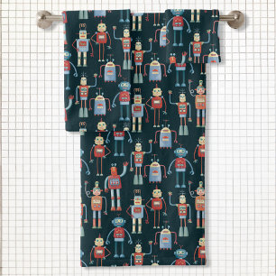 Niedliche Vintage Retro Roboter dunkel Badhandtuch Set