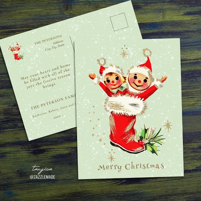 Niedliche Vintage Retro-Weihnachtselfen Grün Postkarte (Von Creator hochgeladen)