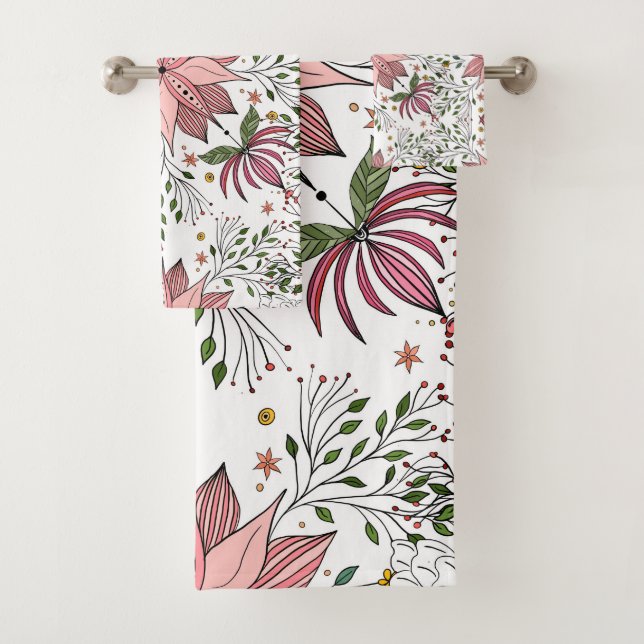 Niedliche Vintage rosa Blumendoodles Kunst Badhandtuch Set (Insitu)