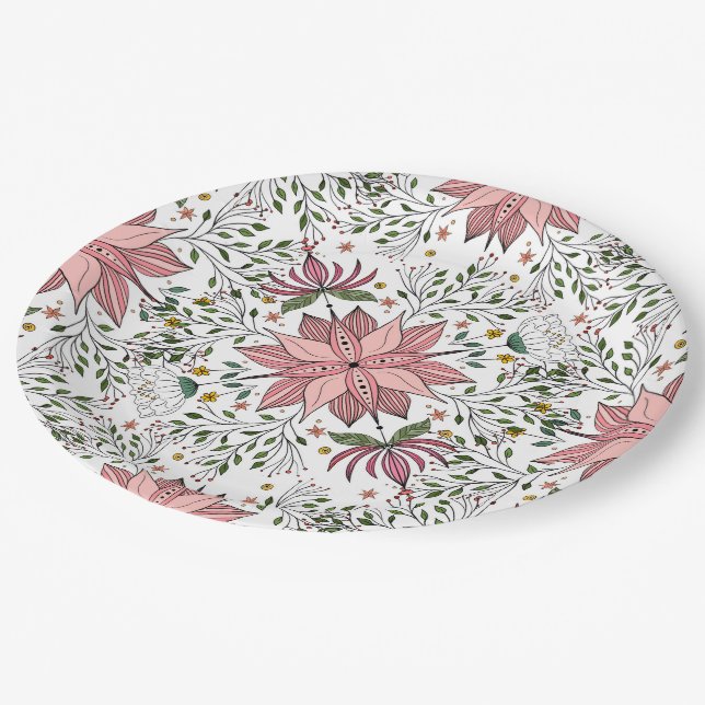 Niedliche Vintage rosa Blumendoodles Kunst Pappteller (Schrägansicht)