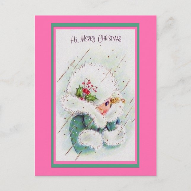 Niedliche Vintage Rosa- und Grüne Weihnachtsgrüße Postkarte (Vorderseite)
