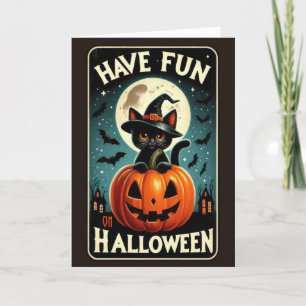 Niedliche Vintage Schwarze Katze an einem KürbisHa Feiertagskarte