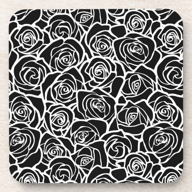 Niedliche Vintage Schwarzweiss-Rosen Untersetzer (Vorderseite)