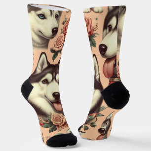 Niedliche Vintage sibirische Husky-Illustration Socken