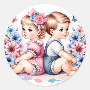 Niedliche Vintage Twins Junge und Mädchen Runder Aufkleber