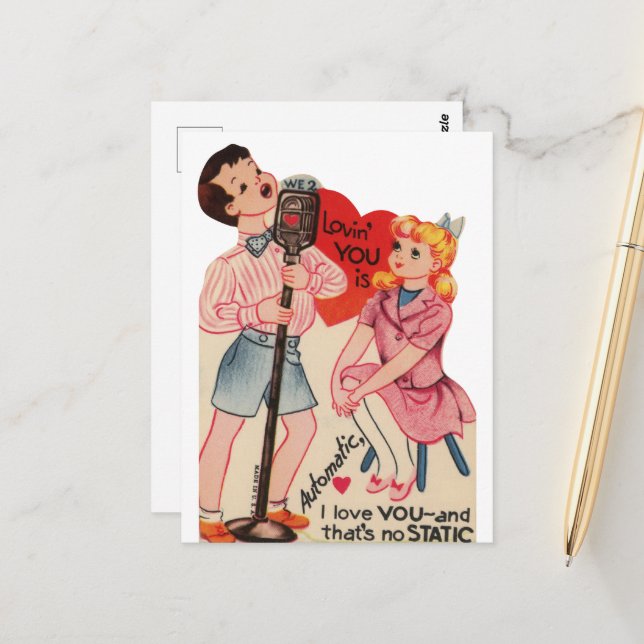 niedliche Vintage Valentinstatik Postkarte (Vorderseite/Rückseite Beispiel)