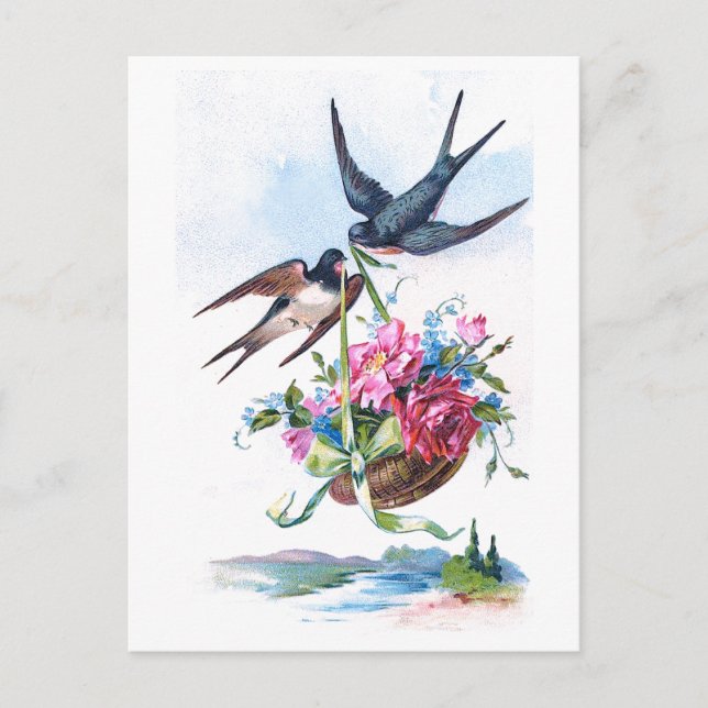 Niedliche Vintage Vögel und Blume Postkarte (Vorderseite)