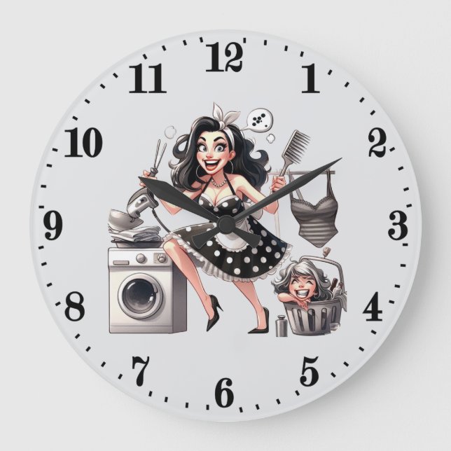 Niedliche Vintage Waschfrau Große Wanduhr (Vorderseite)