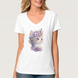 Niedliche Violett Wasserfarbe Katze mit Flora T-Shirt