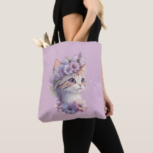 Niedliche Violett Wasserfarbe Katze mit Flora Tasche