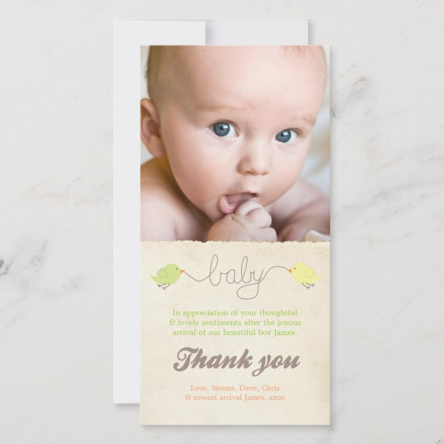 Niedliche Vögel danken Ihnen, Baby-Foto-Schablone Dankeskarte (Vorderseite)