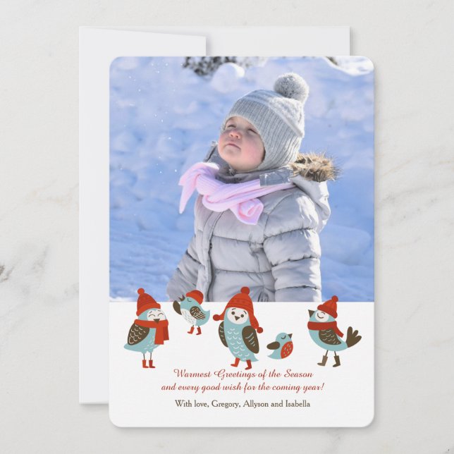Niedliche Vögel mit Winterkleidung Fotokarte (Vorderseite)