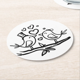 Niedliche Vögel Schwarz-weiße Lovebirds Hochzeit Runder Pappuntersetzer