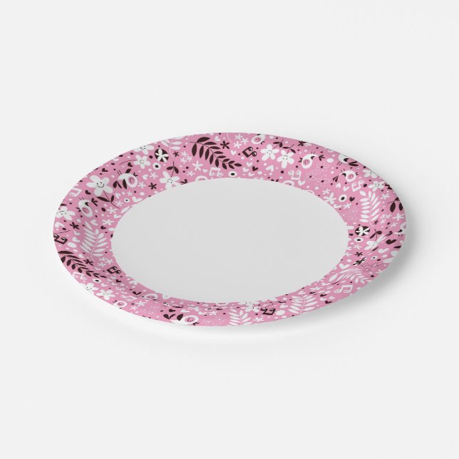 niedliche Vögel und Blume rosa Muster Pappteller (Schrägansicht)