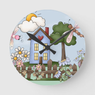 Niedliche Volksdrachenfliegen Blume Blaues Haus Runde Wanduhr