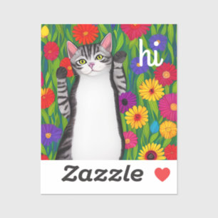 Niedliche Volkskunst-Katze sagt Hallo unter Blumen Aufkleber