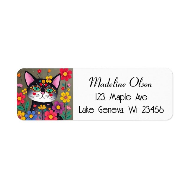 Niedliche Volkskunst Schwarze Katze und Blume (Vorne)