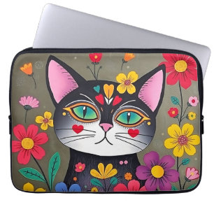 Niedliche Volkskunst Schwarze Katze und Blume Laptopschutzhülle