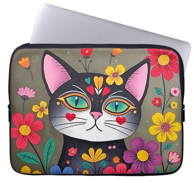 Niedliche Volkskunst Schwarze Katze und Blume Laptopschutzhülle (Vorderseite)
