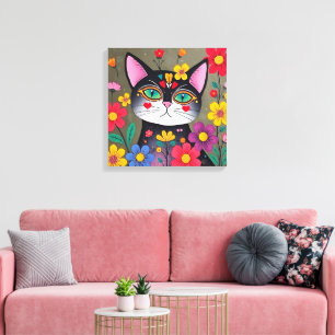 Niedliche Volkskunst Schwarze Katze und Blume Leinwanddruck