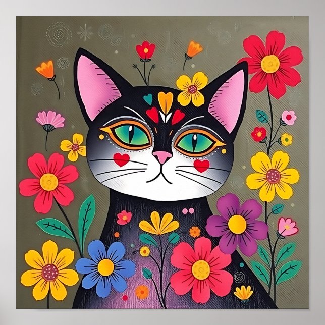 Niedliche Volkskunst Schwarze Katze und Blume Poster (Vorne)