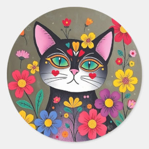 Niedliche Volkskunst Schwarze Katze und Blume Runder Aufkleber