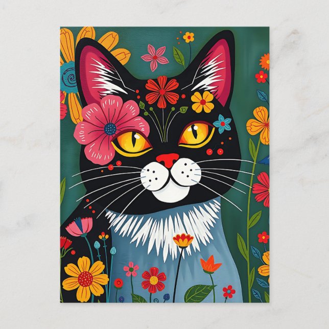 Niedliche Volkskunst Whimsikkatze und Blume Postkarte (Vorderseite)