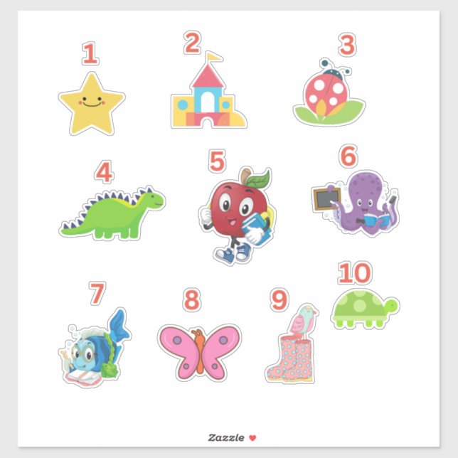 Niedliche Vorschulnummern 1-10 Vinyl Stickers Aufkleber (Blatt)