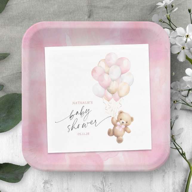Niedliche Vorwartung Teddy Bär Pink Balloons Dusch Serviette (Pink We Can Bearly Wait, Teddy Bear Themed Baby Boy Shower Napkin.)