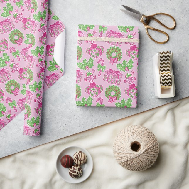Niedliche Vorweihnachtscreme, rosa und grüne Vortr Geschenkpapier (Kunsthandwerk)