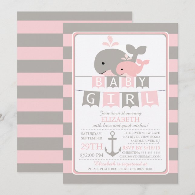 Niedliche Wal Girl Babydusche Einladung (Vorne/Hinten)