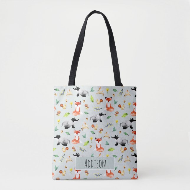 Niedliche Waldgebiete Tiermuster und Namenskinder Tasche (Vorderseite)
