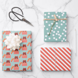 Niedliche Waldkatze Muster - Aqua Grün Weihnachten Geschenkpapier Set