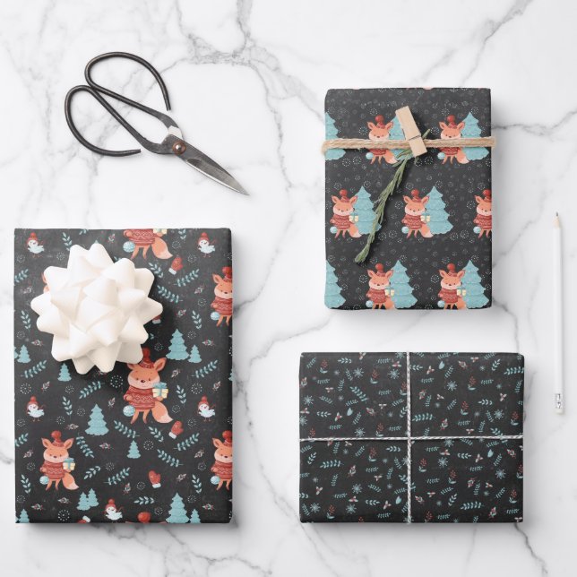 Niedliche Waldlandfox Schwarze Weihnachten Geschenkpapier Set (Vorderseite)