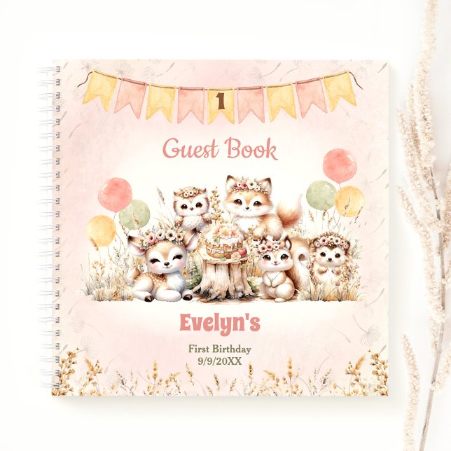 Niedliche Waldtiere 1 Geburtstagskarte Notizbuch (Cute Woodland Animals 1st Birthday Girl Guest Book)