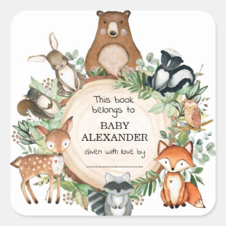 Niedliche Waldtiere Baby Dusche Buchzeichen Labels Quadratischer Aufkleber