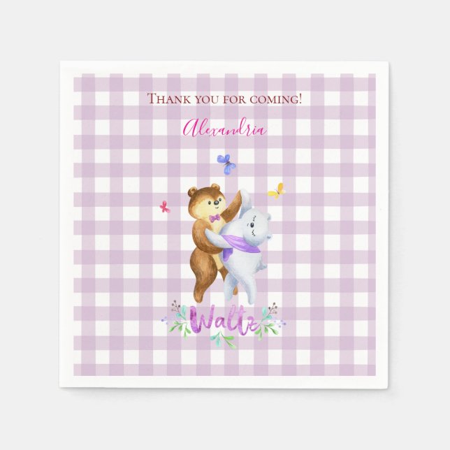 Niedliche Waldtiere Ballroom Waltz Lilac Gingham Serviette (Vorderseite)