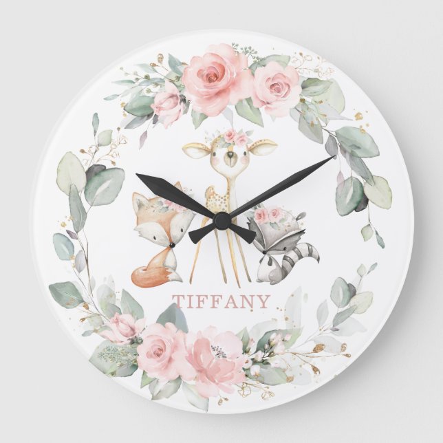Niedliche Waldtiere Blumengrün Girl Kinderzimmer Große Wanduhr (Vorderseite)