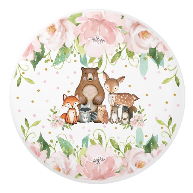 Niedliche Waldtiere Blush Pink Floral Girl Keramikknauf (Vorderseite)