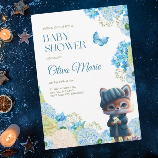 Niedliche Waldtiere Fox Blue Floral Baby Dusche Einladung (Von Creator hochgeladen)