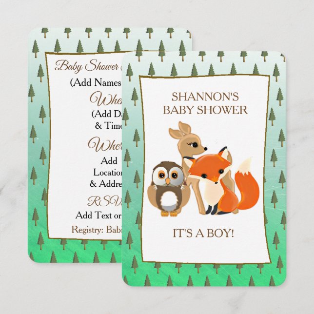 Niedliche Waldtiere Fox Kinderdusche Einladung (Vorne/Hinten)