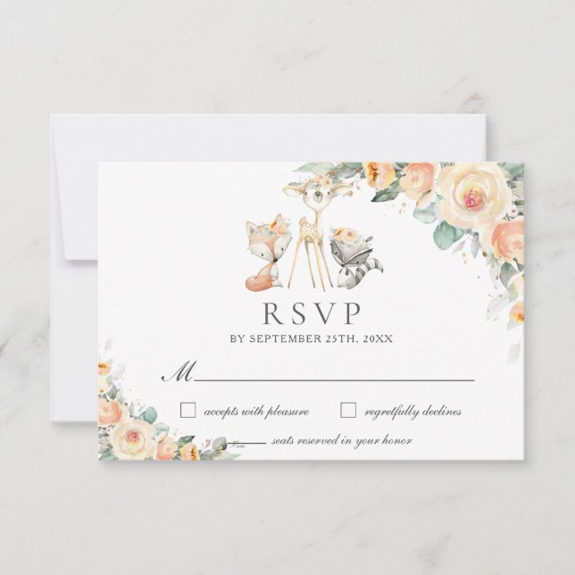 Niedliche Waldtiere Gelbe Blumengrün RSVP Karte (Vorderseite)