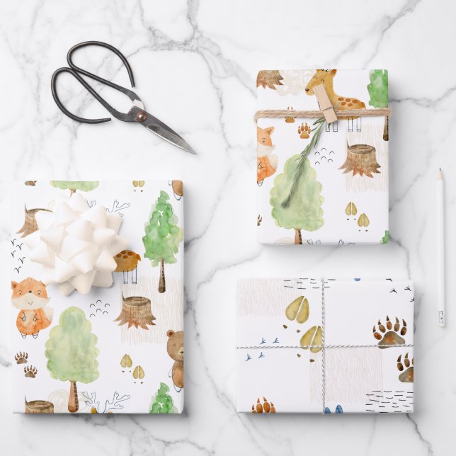Niedliche Waldtiere Geschenkpapier Set (Vorderseite)