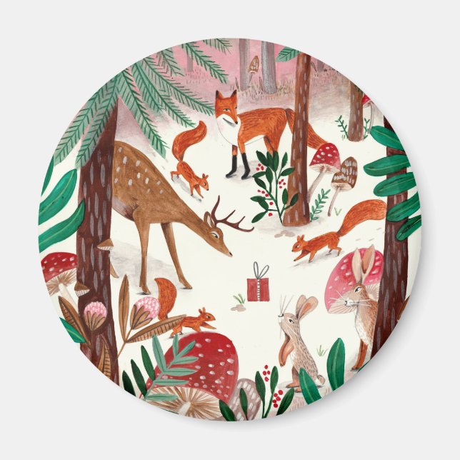 Niedliche Waldtiere, grün und rosa Waldtiere Magnet (Vorne)