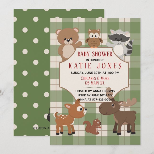 Niedliche Waldtiere Grüne Karierte Babydusche einl Einladung (Vorne/Hinten)