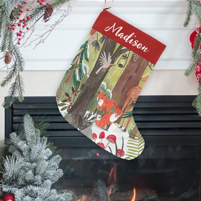 Niedliche Waldtiere Grüne Weihnachten Großer Weihnachtsstrumpf (Cute Woodland animals Green Christmas Large Christmas Stocking)