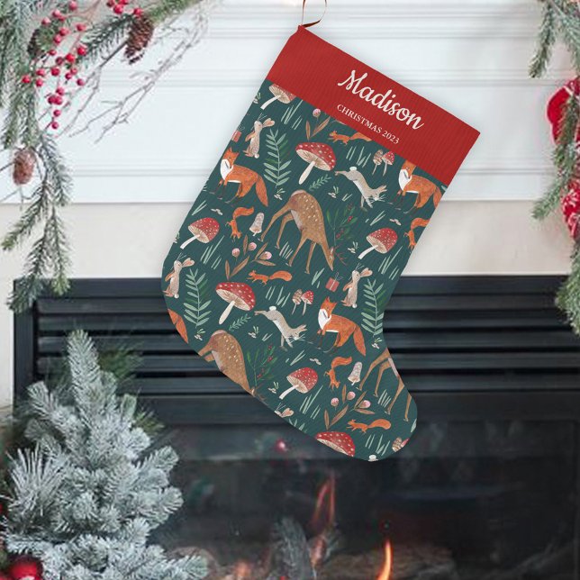 Niedliche Waldtiere Grüner Weihnachtswald Großer Weihnachtsstrumpf (Cute Woodland Animals Green Christmas Forest Large Christmas Stocking)