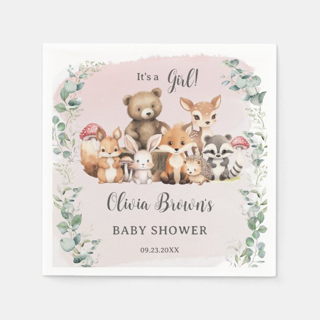 Niedliche Waldtiere Grünpflanzen Girl Baby Dusche Serviette (Vorderseite)