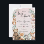 Niedliche Waldtiere Grünpflanzen Pink Babydusche Save The Date<br><div class="desc">Personalisieren Sie dieses niedliche Waldgebiet Save the Date einfach und schnell. Klicken Sie einfach auf die Schaltfläche Bearbeiten mit Entwurfswerkzeugen, um den Text weiter zu bearbeiten, Schriftart und Schriftart zu ändern. Mit bezaubernden Kleinwaldtieren. Matching-Elemente im Speicher verfügbar. c) Somerset Fine Paperie</div>